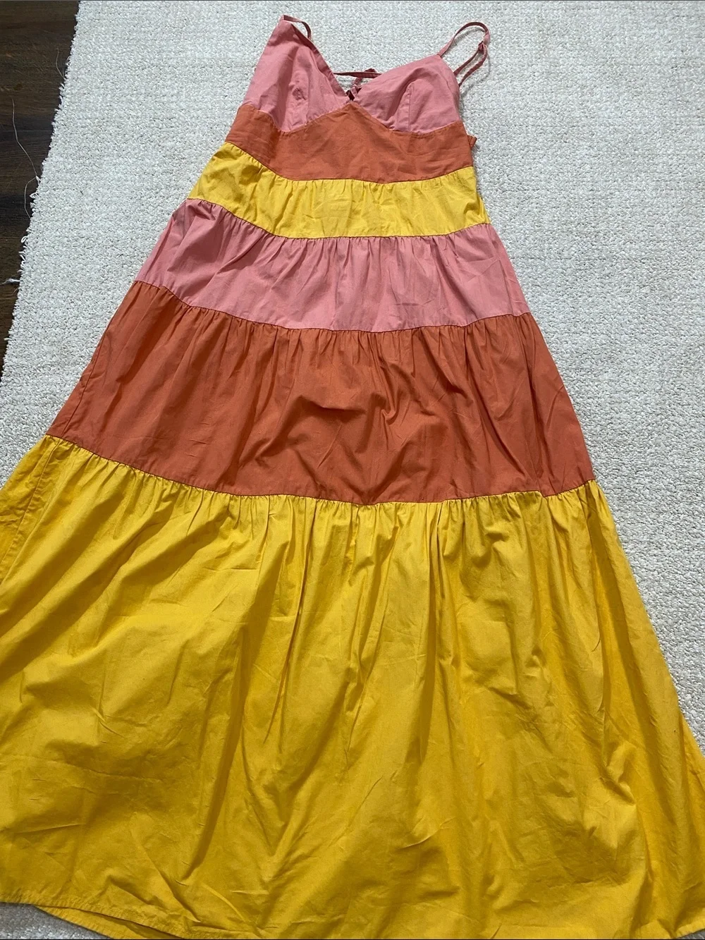 Tiered Colorblock Maxi Dress - Pink, Coral & Yellow Size L 100% Cotton
